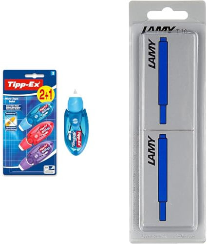 Tipp-Ex Korrekturroller Micro Tape Twist mit Schutzkappe, in 3 Farben & Lamy T10 Tintenpatrone 2er Set - Großraumpatronen in der Farbe blau Patronenfüllhaltermodelle - Im Blister 10 Stück