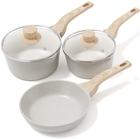 RIOVARM Antiaderente Padella, Induzione Set di padelle con coperchio, 18cm e 20cm Casseruola Padella, 24cm Padella con rivestimento in granito, Set di pentole senza PFOA, Padella per latte, Omelette