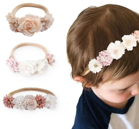 ZOPJUMA 3 Pièces Bébé Fille Bandeaux,Fleur Élastique Bande De Cheveux Accessoires,Idéal pour une utilisation quotidienne ou pour la photographie