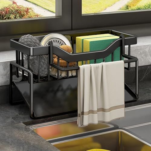 Koolkasa Porta Spugne Lavello Cucina, Organizer Cucina Per Lavello con Vassoio di Scarico Automatico & Porta Stracci, Metallo Organizer Lavello Cucina Bagno (Nero)