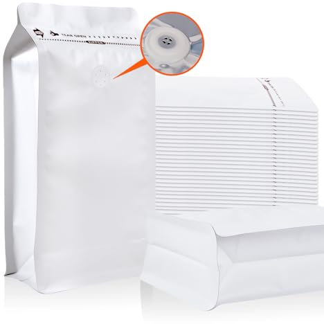 NEW Upgraded Coffee Bags with Valve (50 PCS, 32 oz/2 lb) White High Barrier Aluminum Foil Flat Bottom Standing Coffee Bean Storage Bags, Reusable Heat Seal Side Zipper Pouches for Home and Store