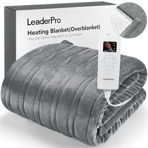 LeaderPro Couverture Chauffante 180x157cm avec Contrôleur Digital, 6 Niveaux de Chaleur, Minuterie de 2 à 10 Heures, Arrêt Automatique, Protection Contre la Surchauffe, Lavable en Machine en Flanelle