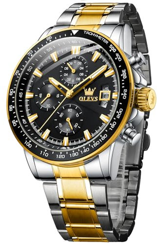 OLEVS Herrenuhren Business Kleid Quarz Multifunktions Chronograph Gold Schwarzes Zifferblatt Edelstahl Kalender wasserdichte leuchtende Uhren Männer