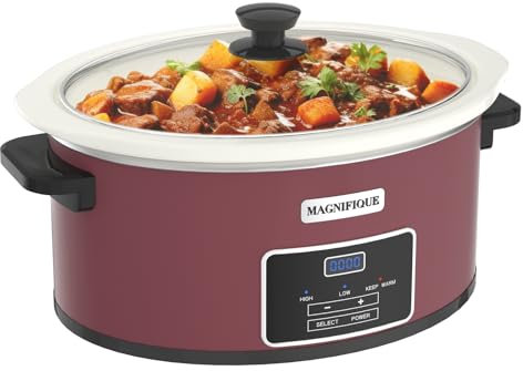 HOMECOOKIN 8-Quart Programmable Slow Cooker with Timer Keep Warm - Small Kitchen Appliance for Family Dinners - Serves 6+ People (Red Shell + White Ceramic Liner)