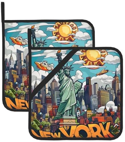 Cartoon Cute New York USA Theme Art Printed Oven Pot Holders Set of 2 Pcs Heat Resistant Non-Slip Oven Potholders for Kitchen Cooking Baking Grilling