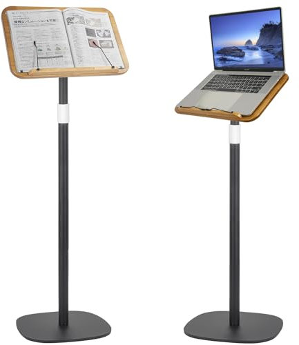 OUUTMEE Height Adjustable 50 to170CM Standing Reading Stand, Hands-Free Foldable Laptop Stand, Wooden Book Reading Stand Holder, Portable Tablet Desk for Book, Laptop, Music and Recipes, Black
