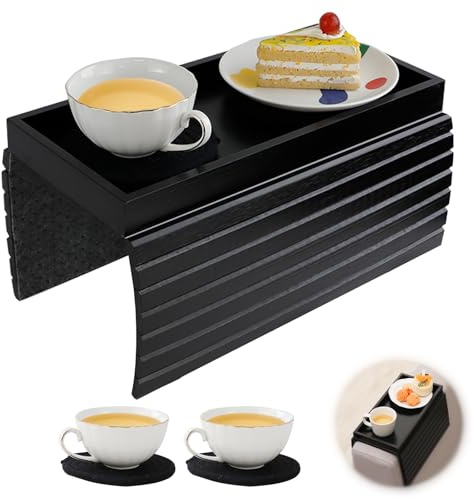 Bandeja de Brazo para Sofá con Alfombrillas para Tazas, Bandeja para Reposabrazos de Sofá Plegable, Mesa de Brazo de Sofá Bandeja de Sofá de Madera Antideslizante para Aperitivos, Mando, Tazas (Negro)