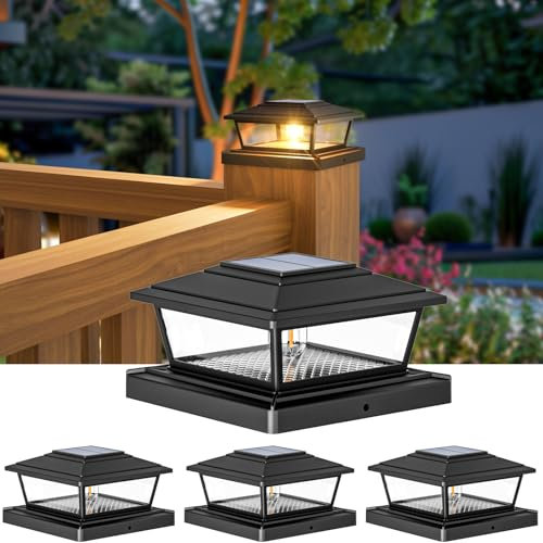 btfarm 4 Stück Pfostenleuchte Solar, 2 Modi LED Pfostenkappe Solar IP65 Wasserfest Pfostenlichter für den Außenbereich, Solarlampen für Außen Garten Terrasse Zaun 4x4 5x5 6x6 Zoll Hölzerne Pfäle