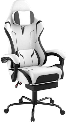 YRHome Chaise de gaming réglable en hauteur avec oreiller, coussin lombaire à vibrations, repose-pieds et accoudoirs, chaise de gamer ergonomique, surface en velours blanc