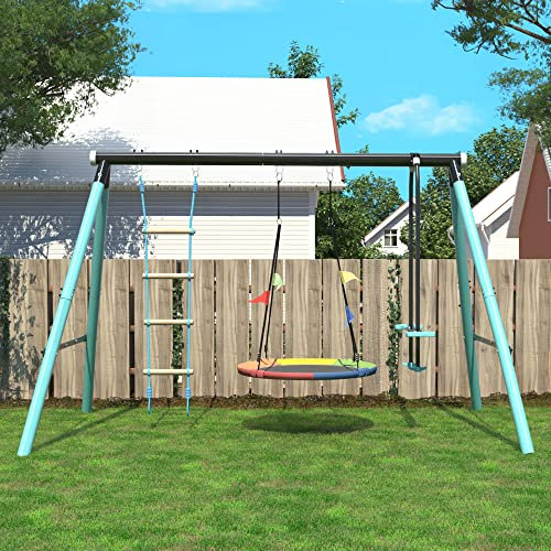 RIAZOS Kids Swing Seesaw set with Metal Frame, Nest tree Swing, Seesaw Height Adjustable, Climbing Ladder & Climbing Net, Backyard Playground Outdoor Play Frame Toy for children 3+ Years Old