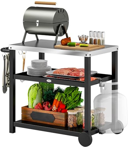 Outsunny Desserte Plancha Extérieure Plan INOX 102x50x81cm Gris Charbon | Chariot de Barbecue avec Étagères, Desserte de Jardin avec Crochets, Porte-Serviettes