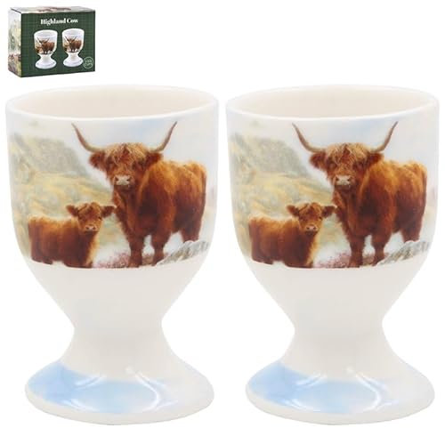 The Leonardo Collection Highland Cow Egg Cups by Macneil Studios | Porcelain Egg Holders with Highland Cattle Design | Rustic Farmhouse Style | Elegant Breakfast Tableware | Gift for Animal Lovers