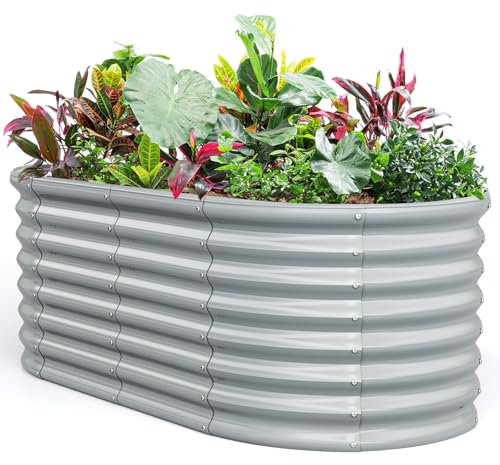 GOPLUS Jardinieres Exterieur Surélevé en Métal Robuste, 165 x 80 x 60 CM, Carre Potager Haut avec Plaque Ondulé, Fond Ouvert et Coin Rond pour Extérieur, Idéal pour Légume, Fleur, Herbe (Gris)