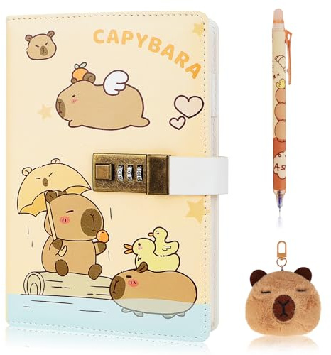 Capybara Journal Intime Fille Garçon PU Capybara Carnet de Notes A5 Ligné | avec Capybara Stylo Effacable Porte-clés Capibara Journal Intime avec Serrure PU 256 Pages Capybara Cadeau Anniversaire Noël