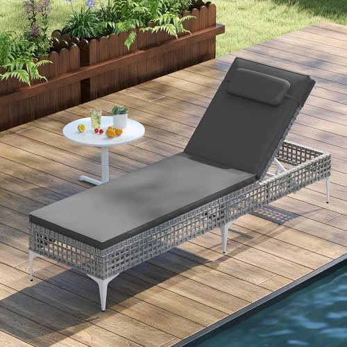 GIANTEX Gartenliege mit Auflage, PE-Rattan Sonnenliege mit 6-stufig Verstellbarer Rückenlehne, gepolsterte Kissen und Kopfstütze, Liegestuhl für Terrasse, Balkon & Garten, belastbar bis 180kg