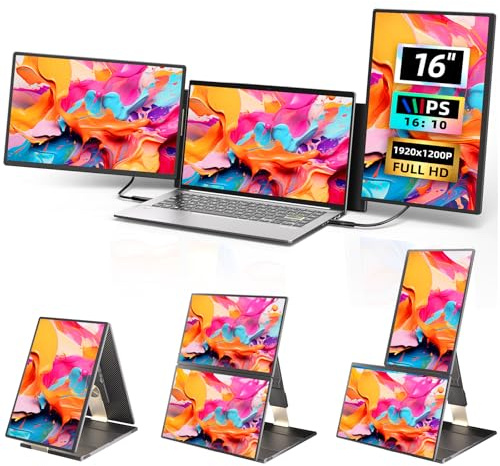 Portable Laptop Monitor - 16 inch FHD 1200P Plug & Play Triple Portable Monitor for Laptop Screen Extender IPS Panel Extended Display 235° Rotation for Multi-Screen Work/Travel/Conference/Study