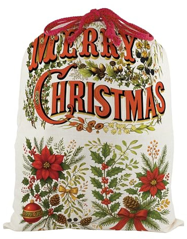 Merry Christmas Santa Sack - Extra Large Reusable Fabric Xmas Gift Bag with Red Drawstring Ties