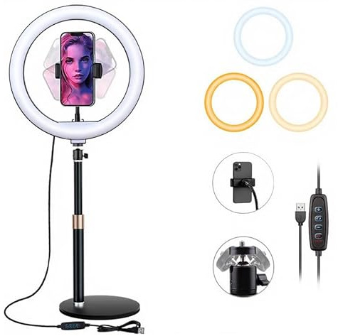 BRAVECOW Ringlicht mit Stativ, 10.5” Selfie Ringlicht,Streaming Licht Videolicht mit 3 Lichtfarben und 10 Helligkeiten, Tisch Selfie Licht für Makeup,Videokonferenz,YouTube, TikTok,Zoom