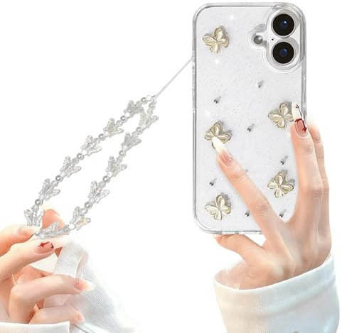 xoniery Clear for iPhone 16 Case with Cute 3D Butterfly Aesthetic Pattern Case for Women Girls with Chain Wrist Strap Soft TPU Bumper Shockproof Protective Slim Anti-Yellow Cover