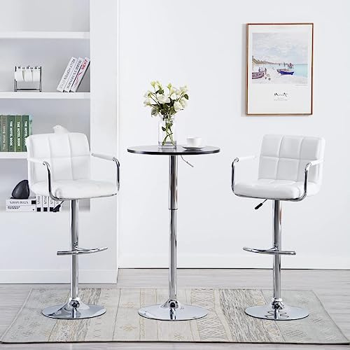 Tonture Barhocker 2er Set, Weiß Kunstleder, Höhenverstellbar mit Armlehnen, Drehbar, Modernes Design für Küche, Esszimmer, Theke, Tresen
