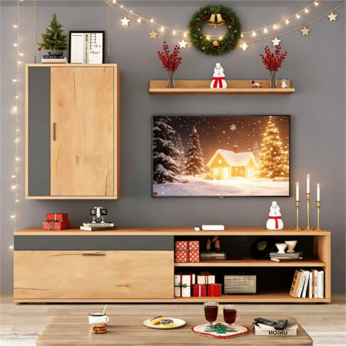 Merax Juego de pared de TV para sala de estar pequeña, 140 x 35 x 39 cm, mueble de TV + armario de pared + estante de pared, mueble bajo moderno, color madera + negro, tabla de TV para hasta 60