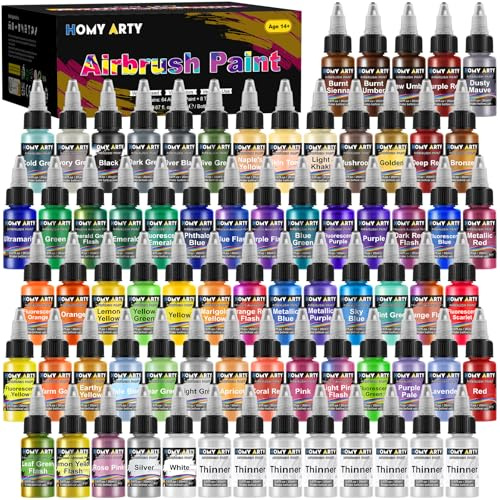HOMY ARTY Airbrush Paint - 64 Colors with 8 Thinner, with Model Paint Color | Skin Tone Included, Ready to Spray Water-Based Acrylic Air Brush Paint for Metal, Plastic Models, Canvas, 20ml/Bottle