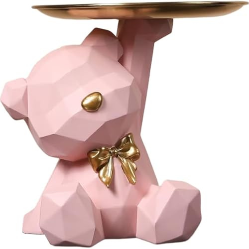 Ockyunoo Bär Skulptur mit Tablett, kleine bären skulptur mit metallschale | Bär Figur Dekorative Tablett, Bären Tablett Deko, für die Meisten Anlässe Geeignet (A-Rosa), 15*18*20cm