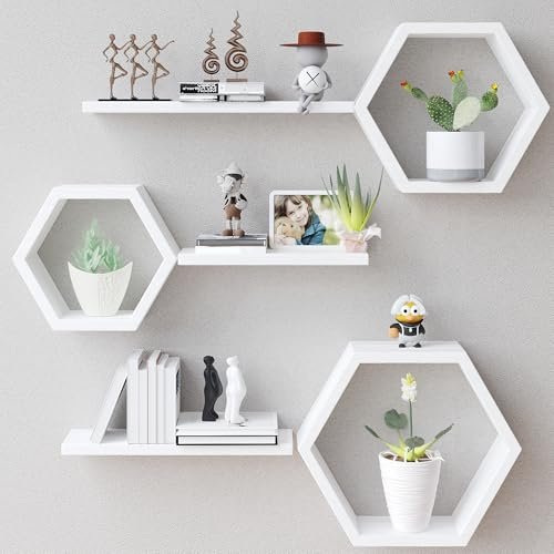 Snugverione Weiße Sechseckige Schwebende Holz-Wandregale, 6er-Set Massivholz Hängeregal zur Dekoration & Aufbewahrung, Modernes Wabenregal für Wohnzimmer, Schlafzimmer, Badezimmer, Küche und Büro