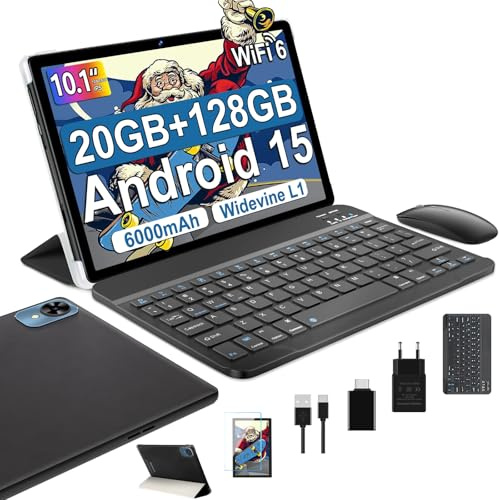 fezawio Tablet 10 Pollici Android 15, 20GB RAM+128 ROM, Widevine L1, Nero | con Tastiera, Mouse e Custodia, Octa-Core, WiFi 5G, BT5.0, 8MP+5MP, 6000mAh