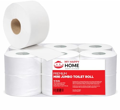 My Happy Home 2 Ply Mini Jumbo Toilet Rolls – Pack of 12 | 950 Sheets per Roll | T2 Dispenser Compatible | Soft, Strong & Absorbent Tissue | 15 x 9 cm Sheet Size