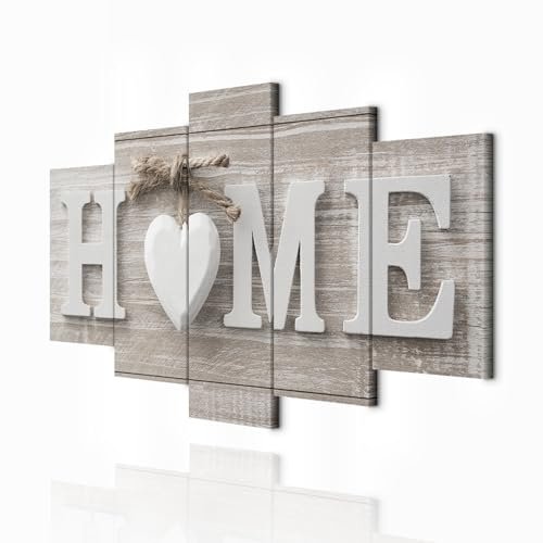 decomonkey Bilder Home Haus 225x112.5 cm XXL 5 Teilig Leinwandbilder Herz | Bild auf Leinwand, Wandbild, Kunstdruck, Wanddeko, Wohnzimmer, Wanddekoration, beige