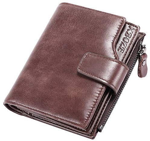 Portefeuille Cuir Homme RFID Blocage Petit Porte Monnaie Homme avec 12 Emplacements Cartes et Poche à Monnaie Biflod Portefeuille Homme Fermeture Eclair Porte Cartes avec 7 Compartiment (Café)