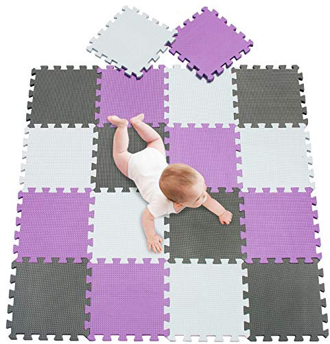 meiqicool Puzzlematte für Babys und Kinder | 18 Schaumstoffplatten | 1cm dickere,weichere Spielmatte | Schadstofffrei EN71 und Formamid geprüft Weiß Violett Grau 011112