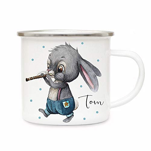 ilka parey wandtattoo-welt Emaille Becher Camping Tasse Motiv Hase Häschen Hasen Junge mit Flöte & Wunschname Name Kaffeetasse Geschenk eb498