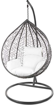 Kideo Komplettset: großer Hängesessel mit Gestell & Kissen, Lounge Möbel, Poly-Rattan (Korb & Gestell: grau, Kissen: weiß Nest (1000 Snow))