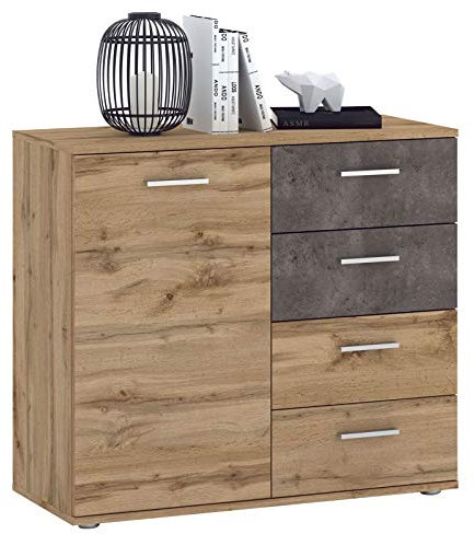 CARO-Möbel Kommode Sideboard Schrank Chicago in Wotan Eiche/Beton dunkel, mit Tür und 4 Schubladen Highboard