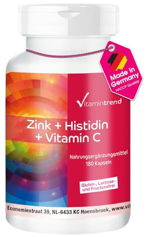 Vitamintrend Zink + Histidin + Vitamin C, 180 Kapseln, hochdosiert, Nahrungsergänzungsmittel vegan ohne Magnesiumstearat, in Deutschland hergestellt
