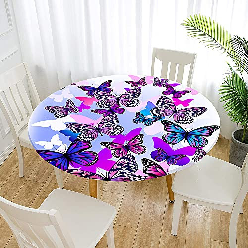 Morbuy Rondes Nappes avec Bord Élastique, Nappes Rondes Anti Taches Lavable, Imperméable Polyester Nappe de Table Imprimé de Papillon pour Cuisine Jardin Fête Table (Bleu Violet,Diamètre 150cm)