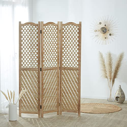 Homestyle4u 2014 Paravent 3 panneaux en bois naturel, protection visuelle espagnole