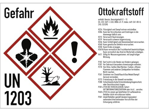 Gefahrstoffkennzeichnung Ottokraftstoff nach GHS, Aufkleber, 105x74 mm, Idx 2019, UN 1203, Piktogramme nach CLP/GHS