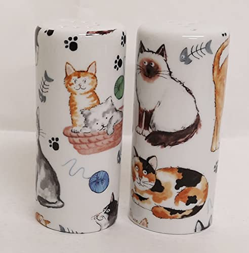 Cats Salt & Pepper Ceramic Cat Collage Porcelain Round Salt & Pepper Cruet Set Hand Decorated in UK