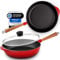 Oakfire Gusseisen Pfanne Schmorpfanne Bratpfanne emailliert 28cm Induktion Gusseisern mit Non-Stick Patina, Emaille… (Rot, Bratpfanne mit Deckel)