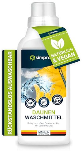 simprax® Daunen Waschkonzentrat/Waschmittel für voluminöse Daunen und Federn - GOTS Approved - Daunenjacke | Daunendecke | Daunenschlafsack - rückstandslos auswaschbar - ohne Palmöl - 500ml (flüssig)