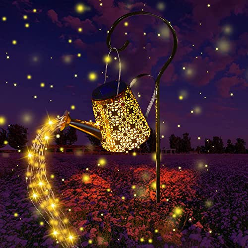 Solar Gießkanne mit Lichterkette Solarlampen Gartendeko, Metall Vintage Gießkannenlicht Lichter LED Außen Solar Wasserdicht lichterketten Aussen mit Schäferhaken für Hofweg Baum Rasen (Warm White)
