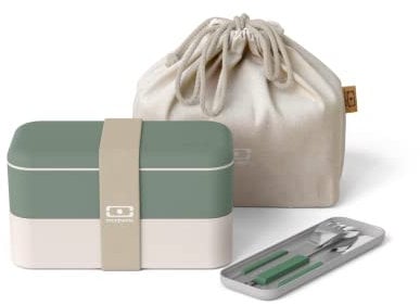 monbento - Natural Lunchbox Set - Mit Bento Box MB Original mit Fächern Made in France, Besteck-Set MB Slim Box, Bento Tasche MB Pochette M Cream - BPA Frei - Lebensmittelecht - Grün