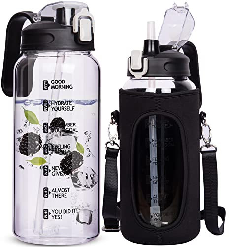 DEARRAY 64 oz Motivational Glass Water Bottle with Straw & Time Marker Half Gallon Large Reusable Water Jug BPA-free Borosilicate Drinking Bottle with Flip Top & Sleeve for Infused Water Wide Mouth