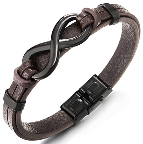 COOLSTEELANDBEYOND Schwarz Edelstahl Infinity Liebe Unendlich Number 8 Verflochtenen Braun Leder Armband Herren Damen