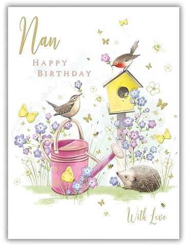 Noel Tatt Geburtstagskarte für Oma für Frauen, Garten, Wildtiere, Igel und kleine Vögel mit Goldfolie, umweltfreundlich und recycelbar, hergestellt in England