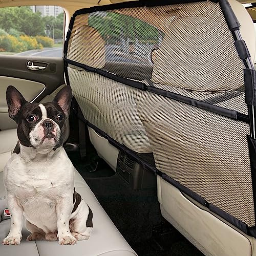 Dog Car Barrier Escape-Proof, 50 Wide Car Divider for 2nd 3rd Row Seats & Cargo Area, Durable Back Seat Car Gate Trunk Barrier with See Through Net Mesh for Small Trucks & SUV & Mid-Sized Vehicle