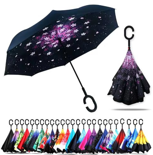 CICILIAYA Regenschirm, umgekehrt, doppellagig, freistehend, umgekehrter Regenschirm, umgedrehter Regenschirm, mit C-förmigem Griff, großer gerader Regenschirm, Rosa 4., M